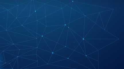 Abstract digital background featuring interconnected geometric lines and glowing points on a dark blue gradient, symbolizing technology, data networks, and connectivity.