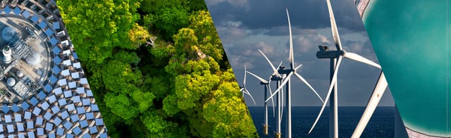 Collage of renewable energy sources: solar panels, wind turbines, ocean wind farm, and green forest.